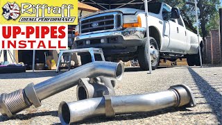 2001 F350 73  RiffRaff UpPipes Install  Stock up pipes leaking and falling apart JUNK SP [upl. by Chute50]